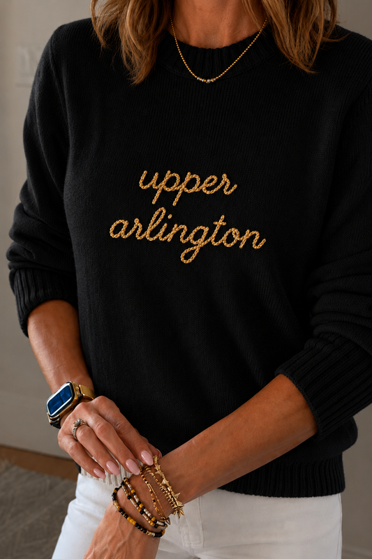 Women's Hand-Stitched Script Upper Arlington Sweater | Black with gold