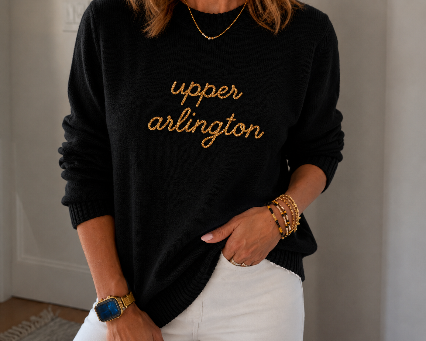 Women's Hand-Stitched Script Upper Arlington Sweater | Black with gold